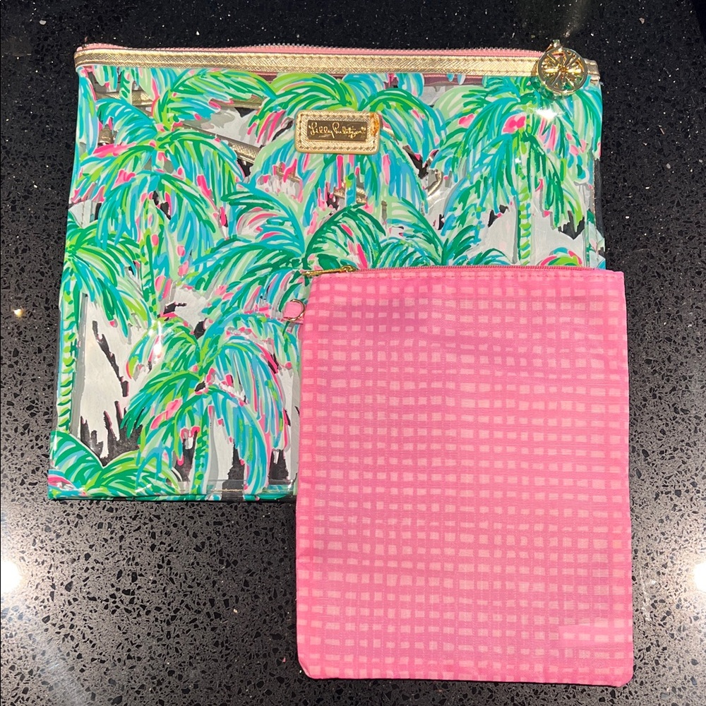 Lilly Pulitzer Green & Teal Palm Print Cosmetic Pouch with Pink Insert